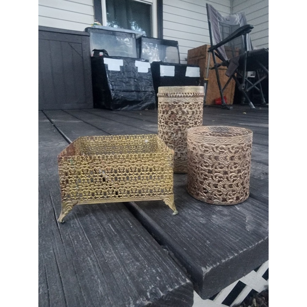 Vintage Lot Of 3 Gold Filigree Ormolu Bathroom Vanity Set Tissue Holder, Brush